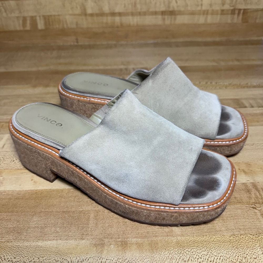 Vince Suede Cork Platform Slide Sandals Beige Taupe Square Toe Mules 7M EUR 37
